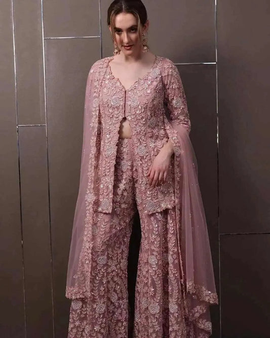 Dusty Pink Georgette Front-Slit Palazzo Set