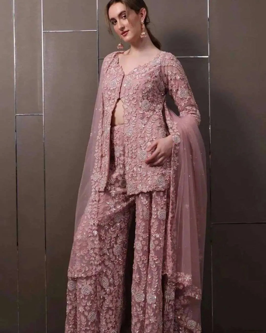 Dusty Pink Georgette Front-Slit Palazzo Set