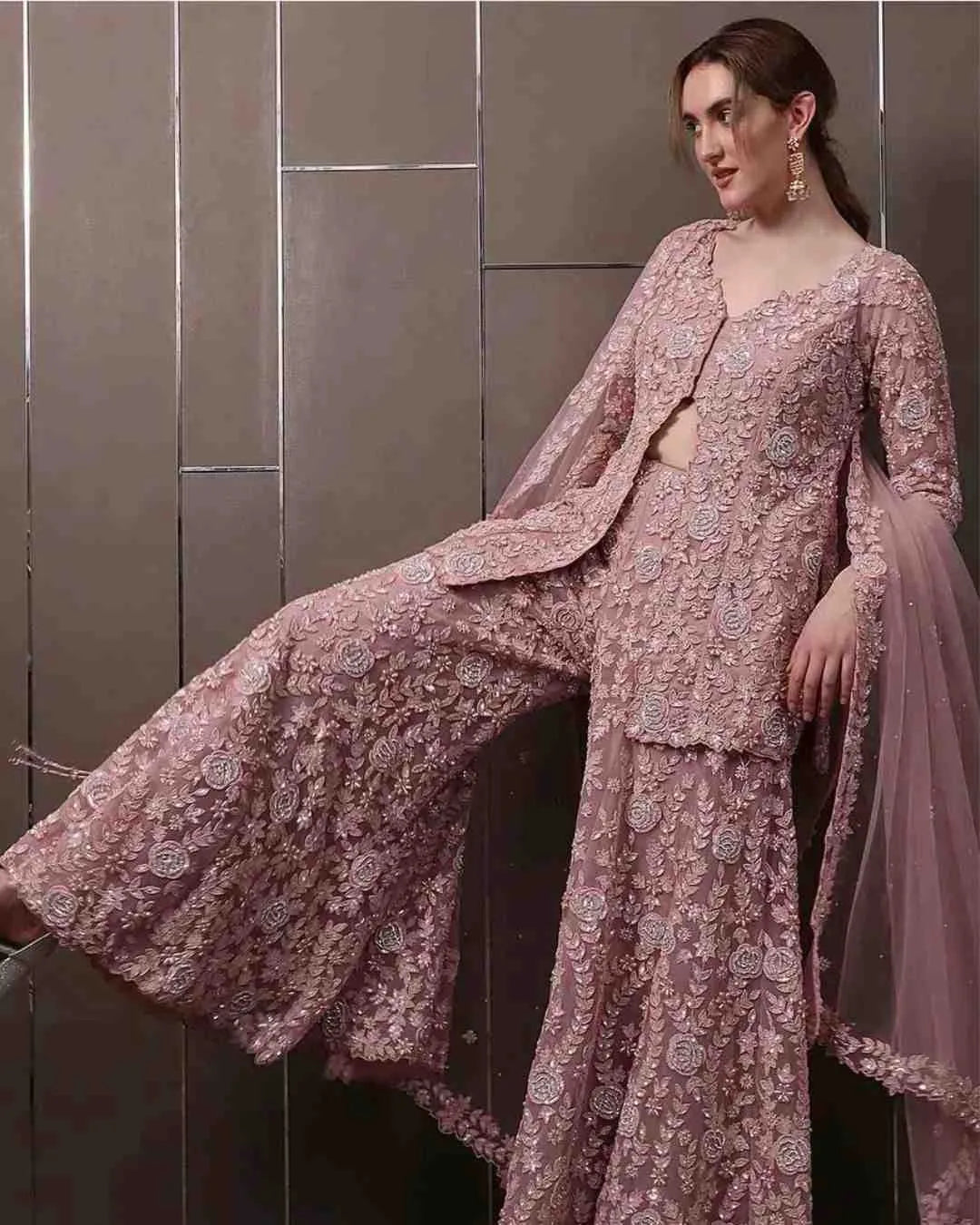 Dusty Pink Georgette Front-Slit Palazzo Set