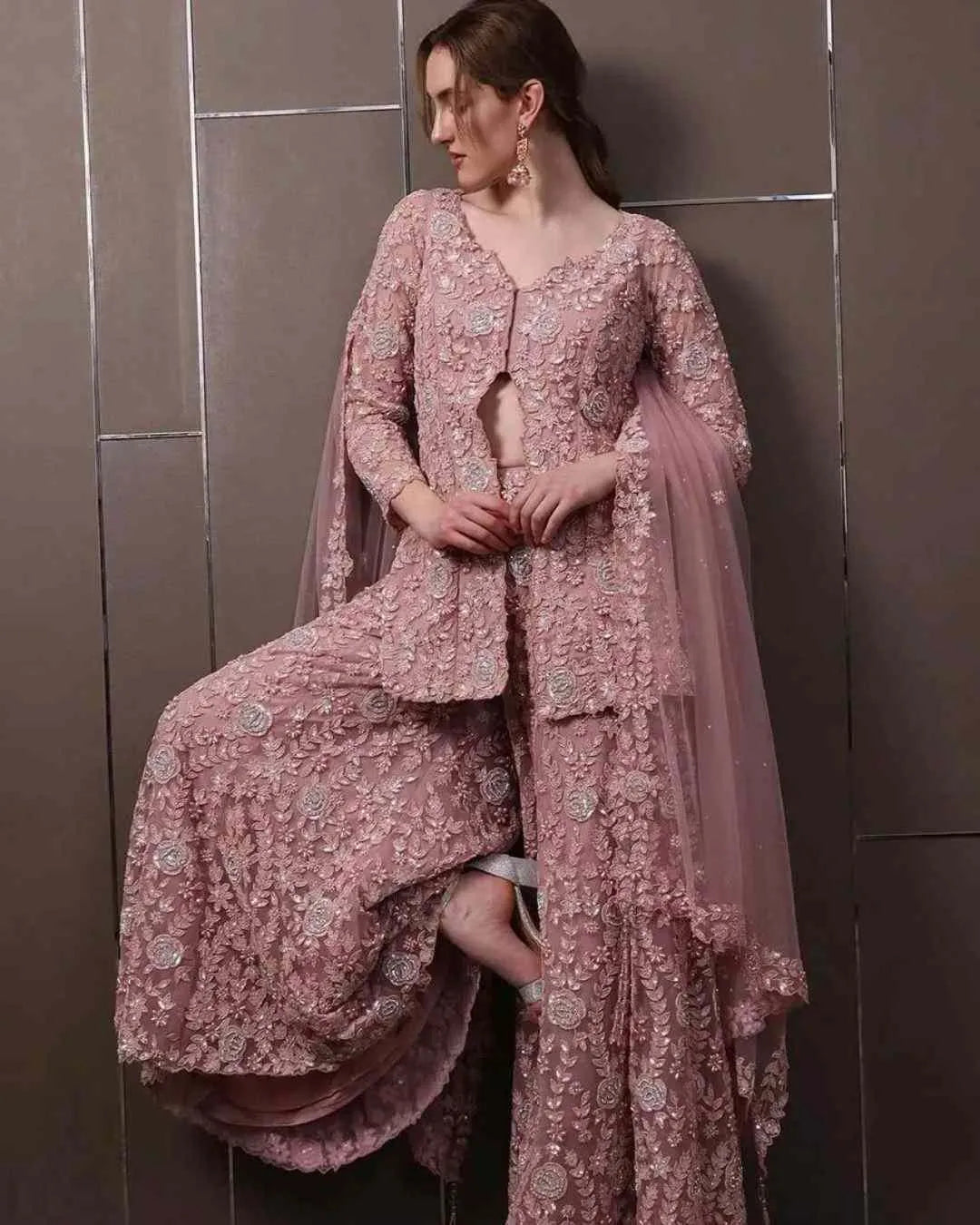 Dusty Pink Georgette Front-Slit Palazzo Set