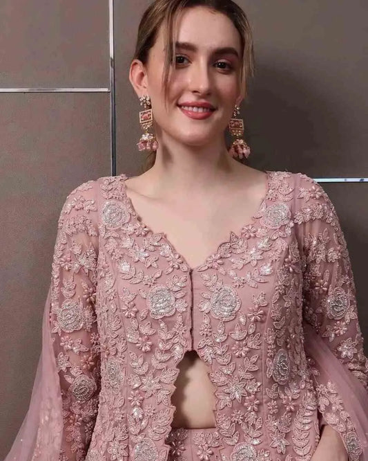 Dusty Pink Georgette Front-Slit Palazzo Set