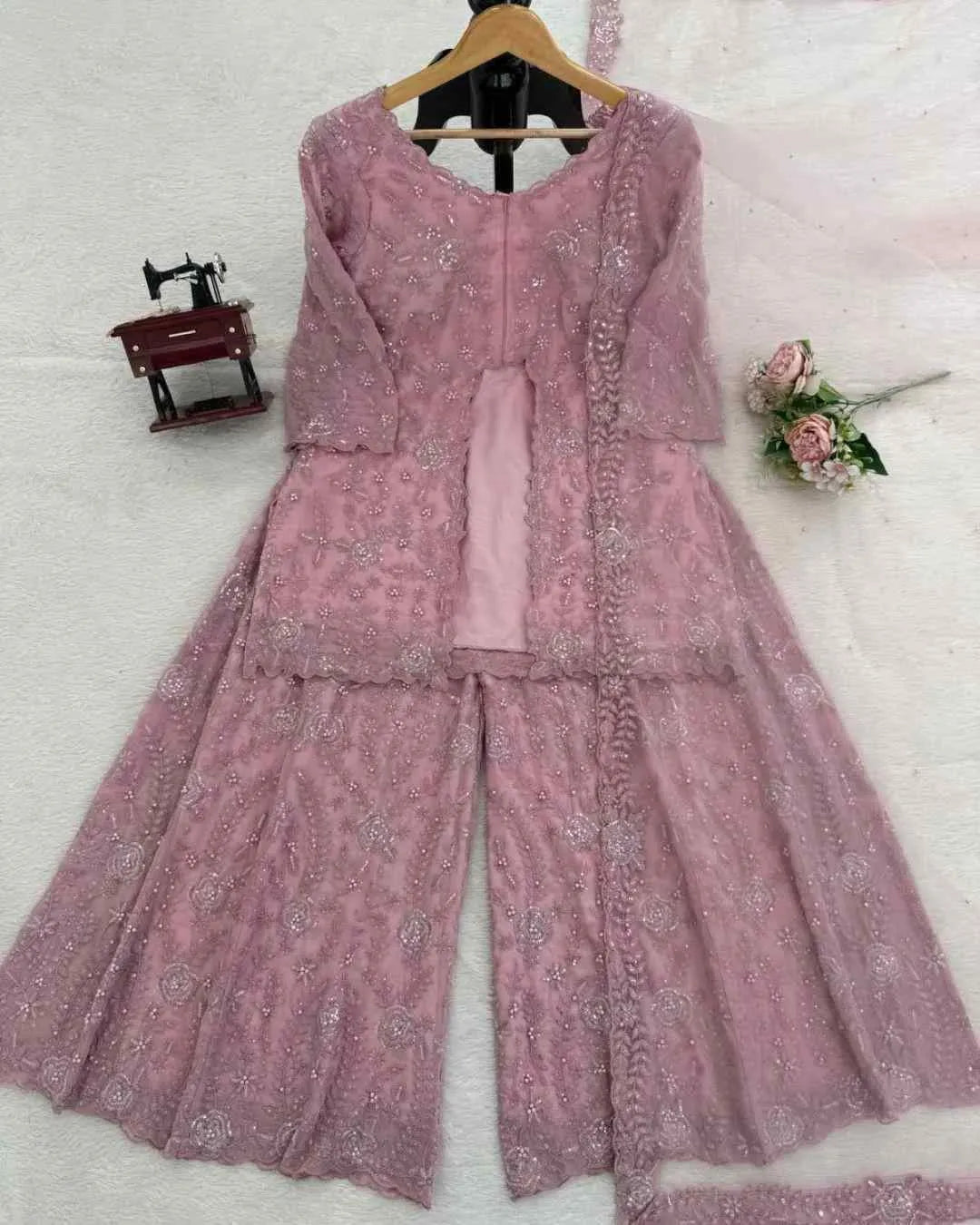 Dusty Pink Georgette Front-Slit Palazzo Set