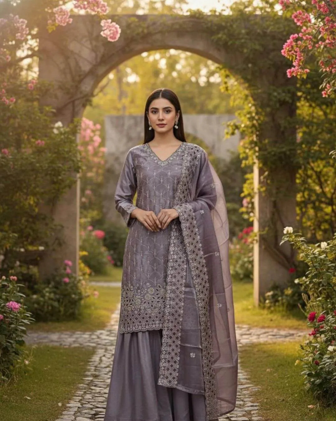 Elegant Grey Embroidered Kurti Sharara Set with Dupatta