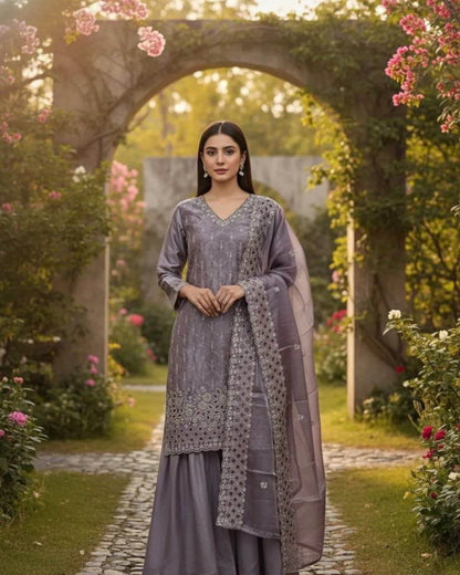 Elegant Grey Embroidered Kurti Sharara Set with Dupatta