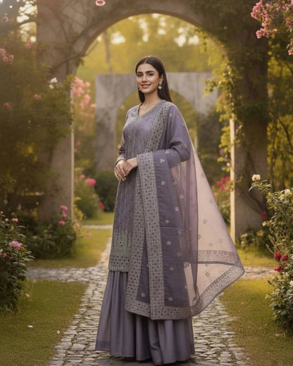 Elegant Grey Embroidered Kurti Sharara Set with Dupatta