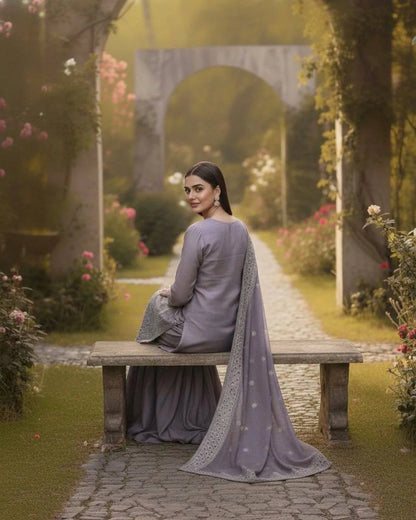 Elegant Grey Embroidered Kurti Sharara Set with Dupatta