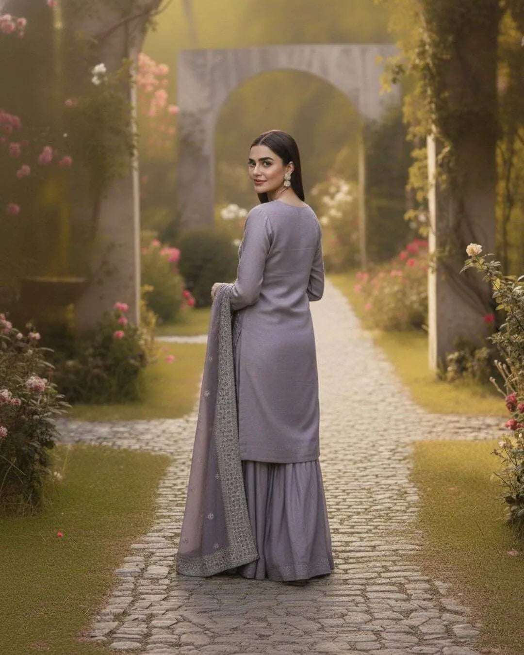 Elegant Grey Embroidered Kurti Sharara Set with Dupatta