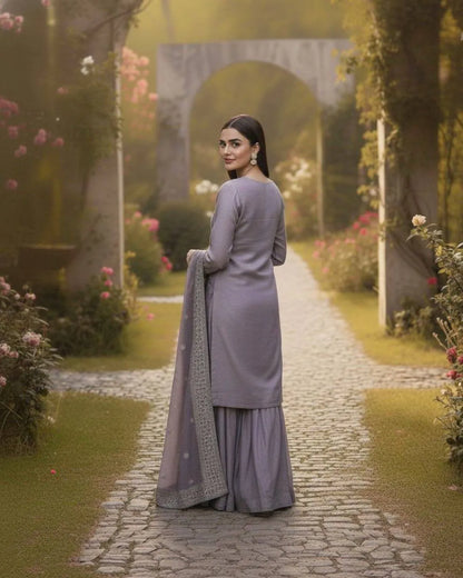 Elegant Grey Embroidered Kurti Sharara Set with Dupatta