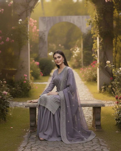 Elegant Grey Embroidered Kurti Sharara Set with Dupatta