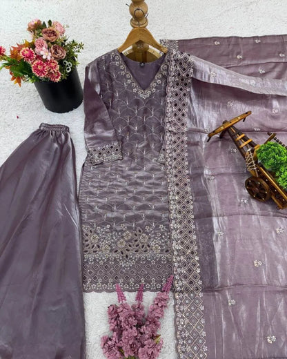 Elegant Grey Embroidered Kurti Sharara Set with Dupatta