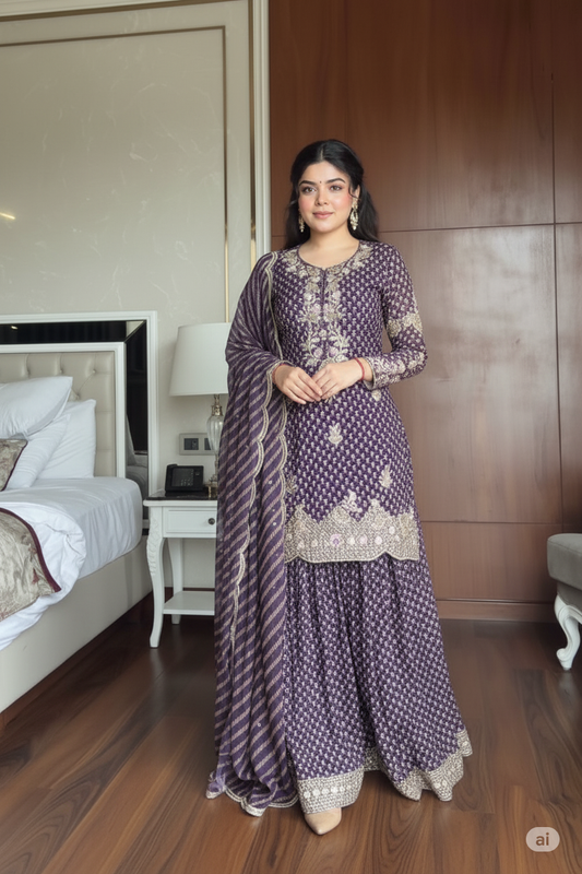 Embroidered Sharara Suit Set With Dupatta