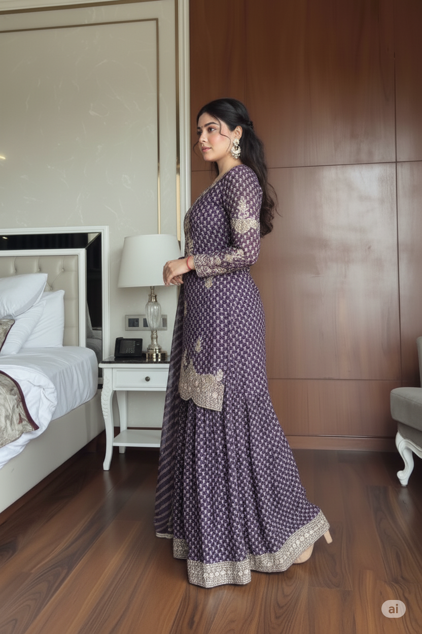 Embroidered Sharara Suit Set With Dupatta