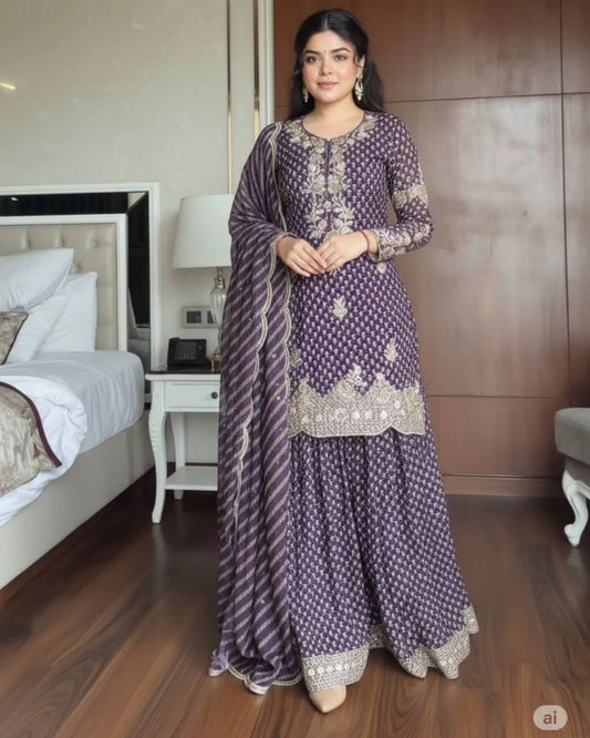 Embroidered Sharara Suit Set With Dupatta