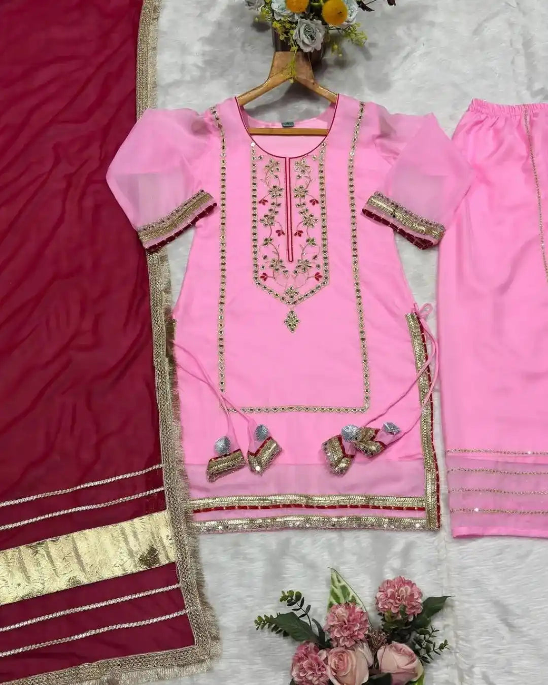 Exude Graceful Festive Glamour in Our Baby Pink Organza Sharara Set