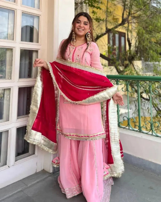 Exude Graceful Festive Glamour in Our Baby Pink Organza Sharara Set