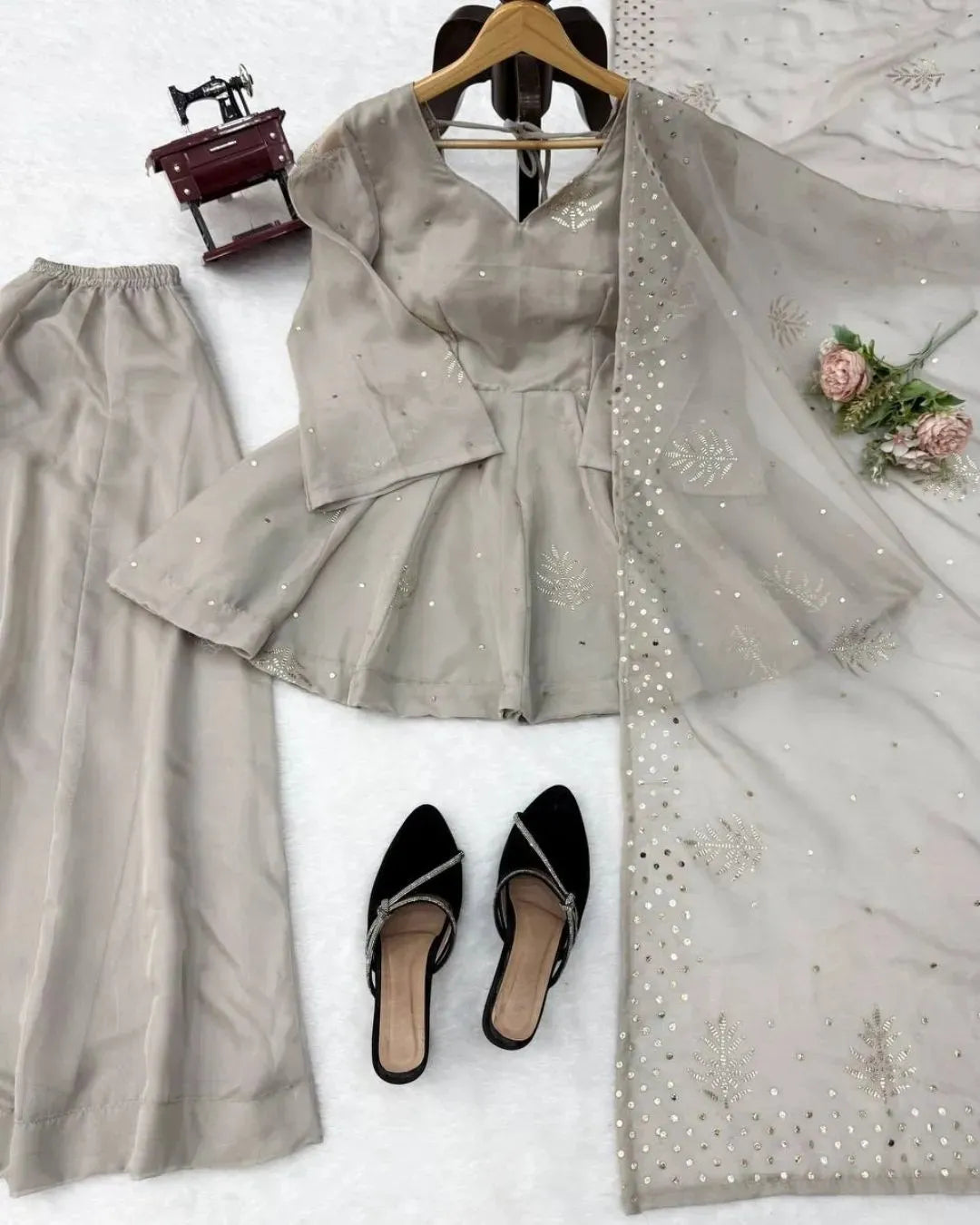 Exude Modern Sophistication in Our Grey Tabby Silk Peplum Palazzo Set