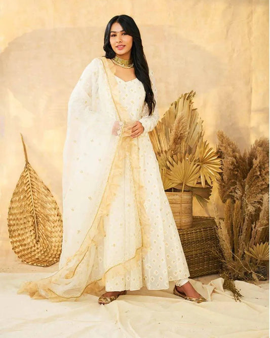 Party Wear White Anarkali Suit With Dupatta 