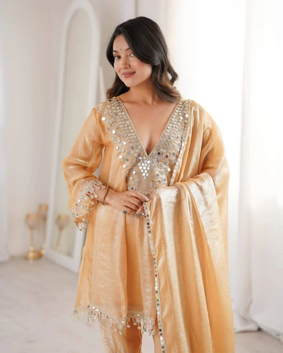 Flared Party Wear Mirror Work Salwar Suit
