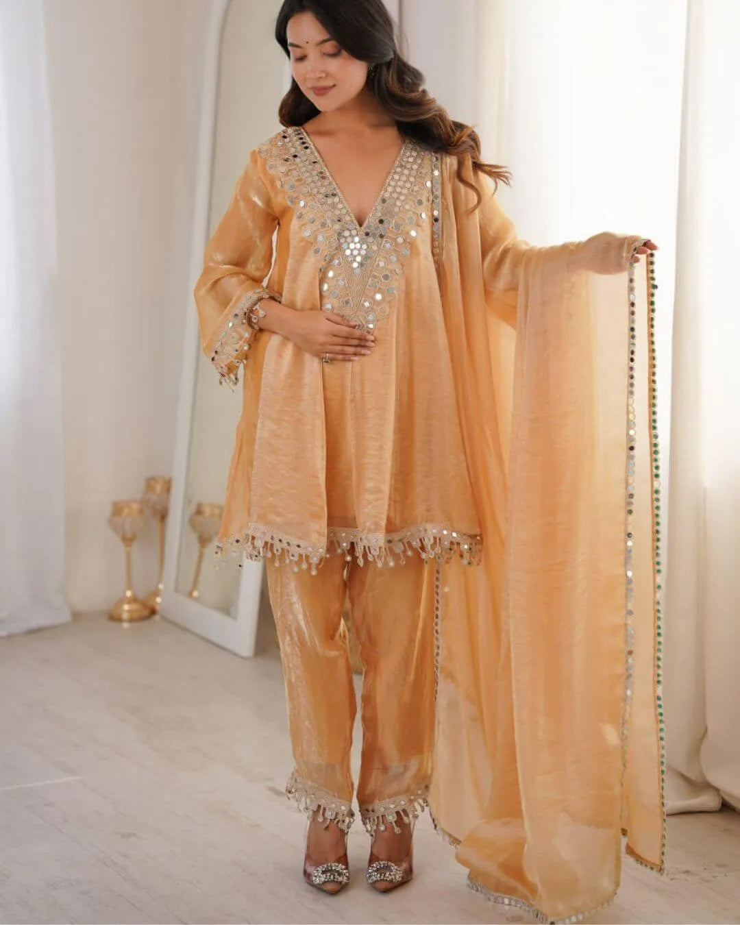 Flared Party Wear Mirror Work Salwar Suit