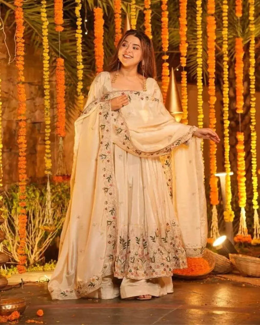 Silk Off White Anarkali Kurti Pant With Dupatta