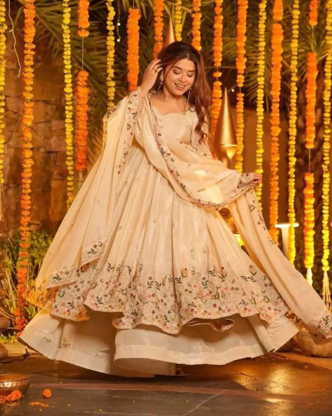 Silk Off White Anarkali Kurti Pant With Dupatta