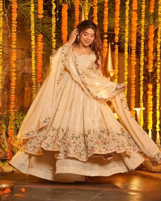 Silk Off White Anarkali Kurti Pant With Dupatta