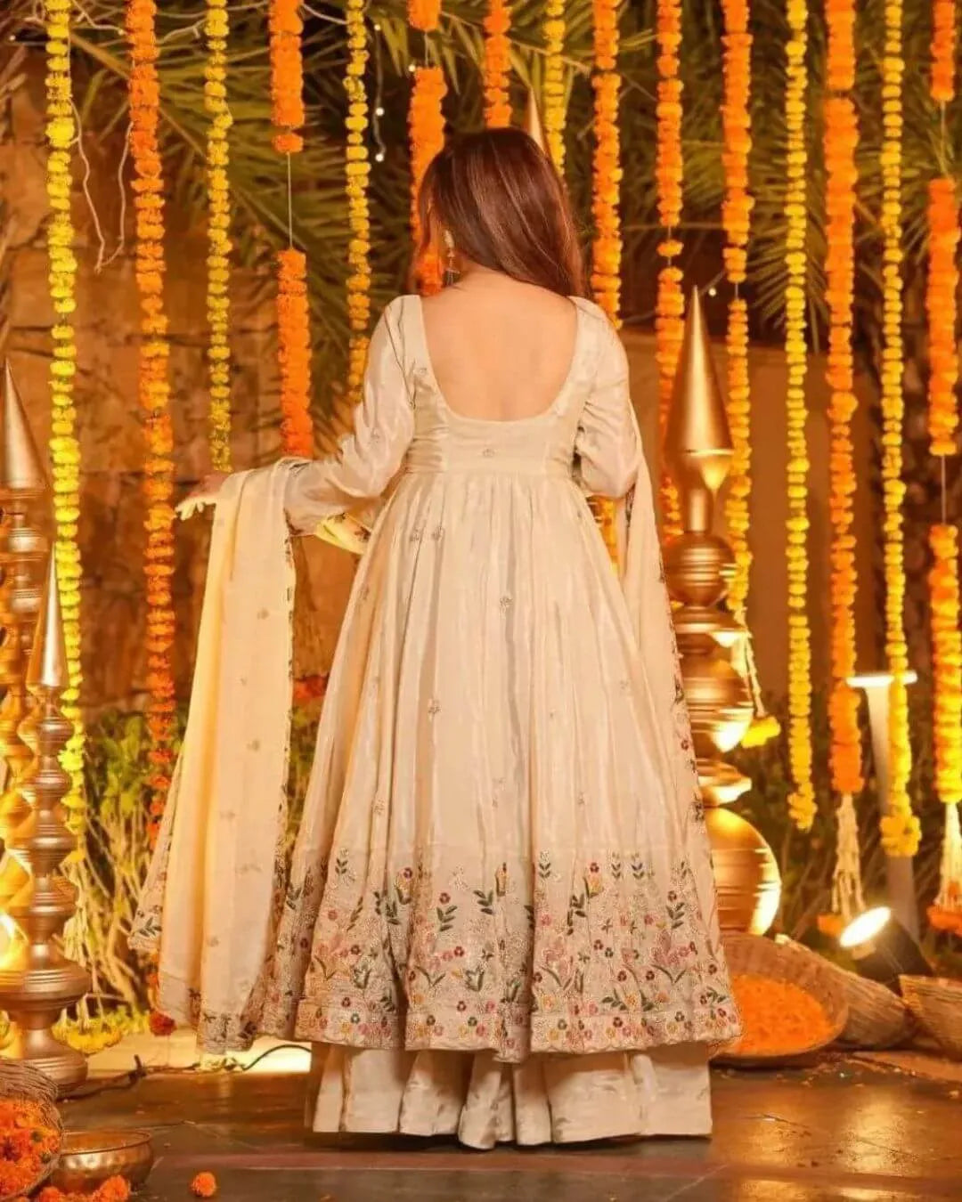 Silk Off White Anarkali Kurti Pant With Dupatta