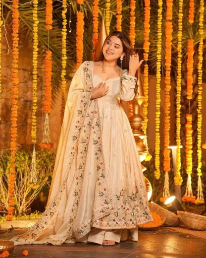 Silk Off White Anarkali Kurti Pant With Dupatta