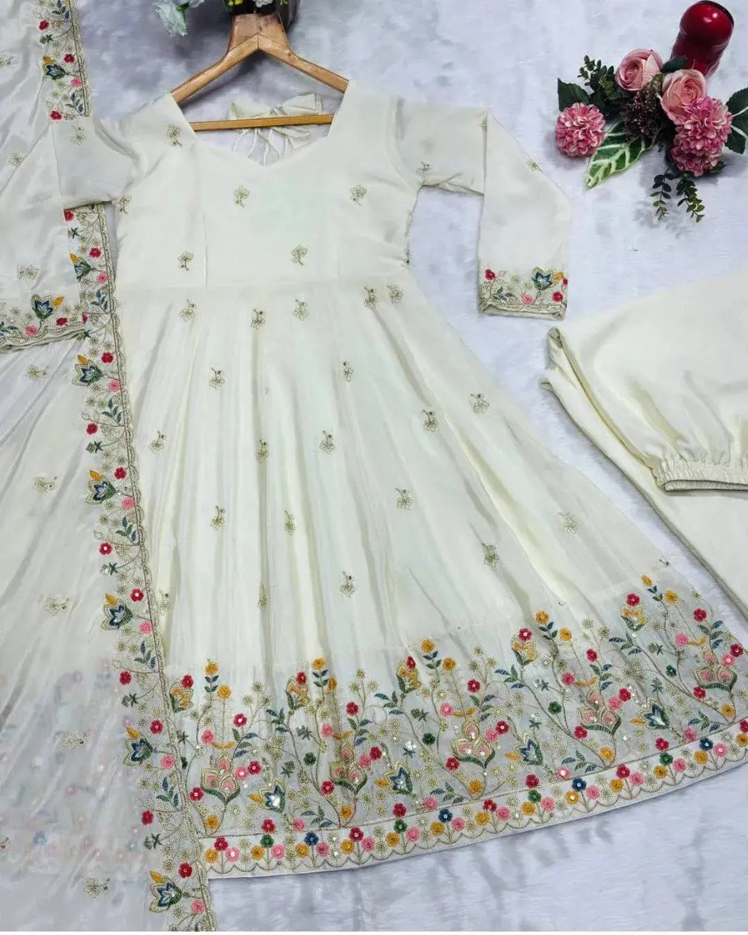 Silk Off White Anarkali Kurti Pant With Dupatta