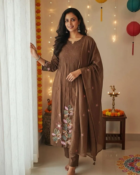 Floral Printed Brown Cotton Kurti Pant Set