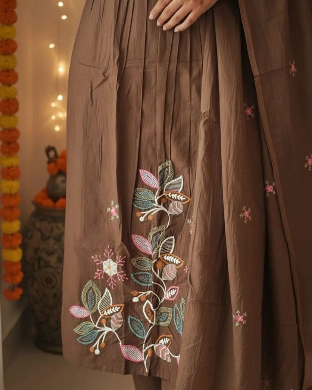 Floral Printed Brown Cotton Kurti Pant Set