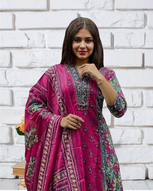 Floral Printed Cotton A-Line Suit Set