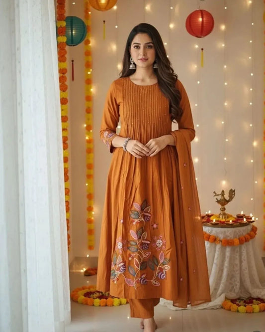 Floral Printed Orange Cotton Kurti Pant Dupatta Set