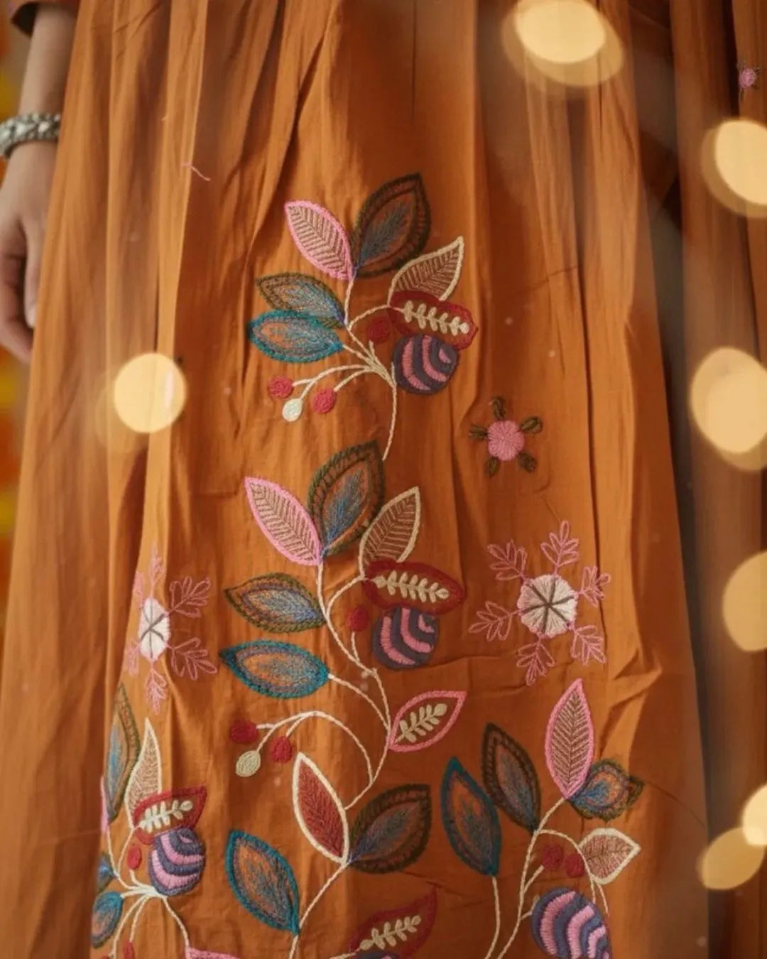 Floral Printed Orange Cotton Kurti Pant Dupatta Set