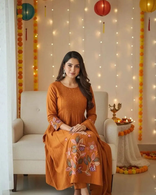 Floral Printed Orange Cotton Kurti Pant Dupatta Set