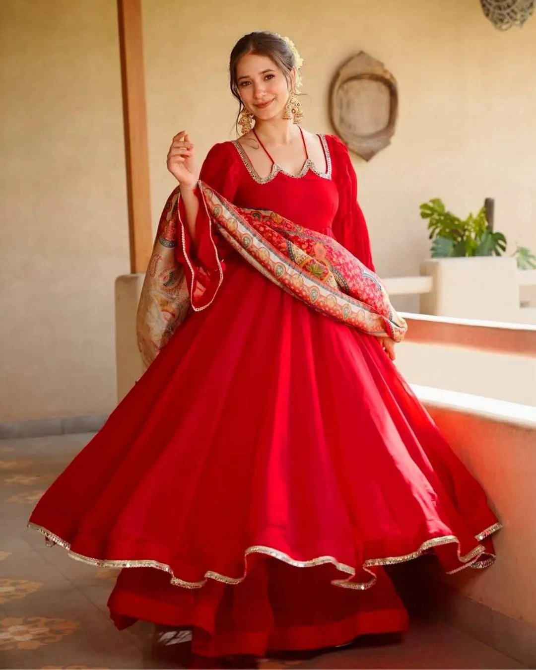 Full Sleeve Red Anarkali Plazo Suit with Mirror Lace Work & Dupatta