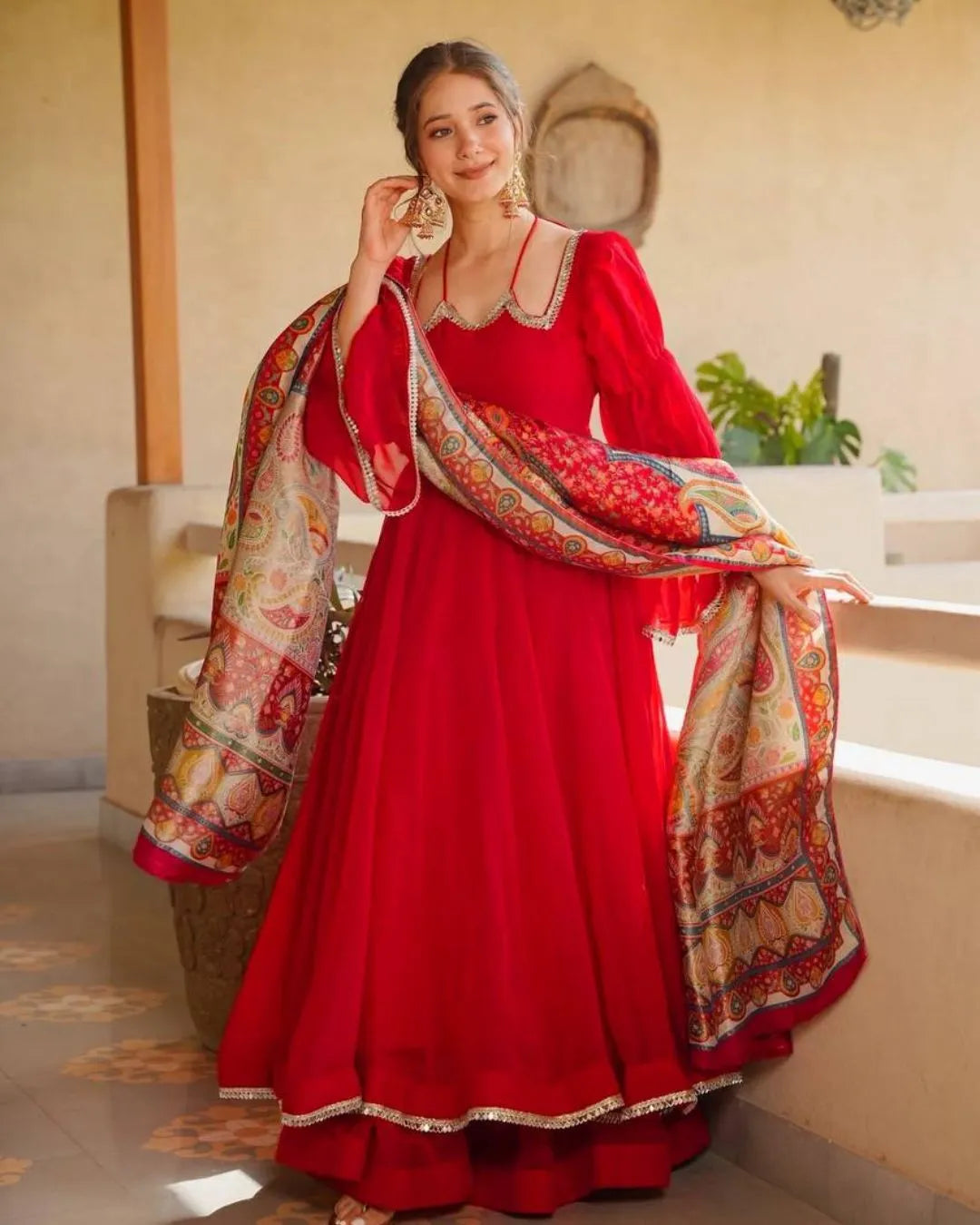 Full Sleeve Red Anarkali Plazo Suit with Mirror Lace Work & Dupatta