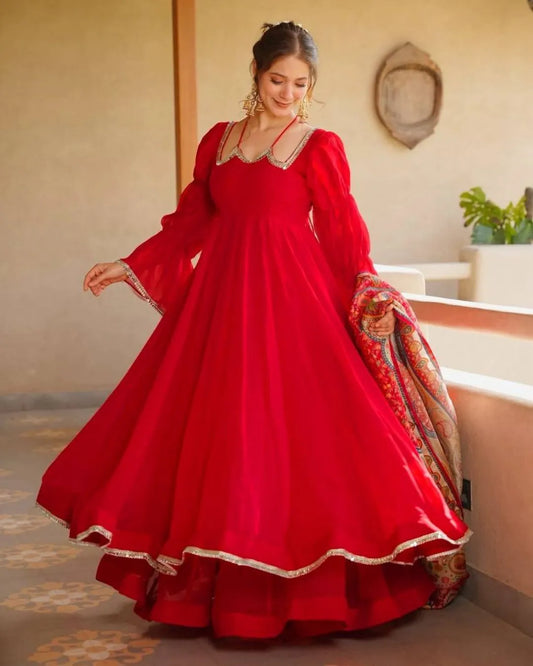 Full Sleeve Red Anarkali Plazo Suit with Mirror Lace Work & Dupatta