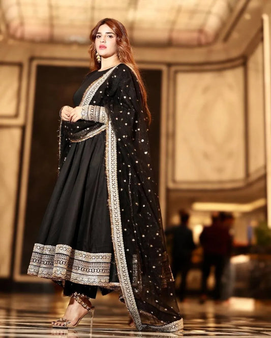 Full Sleeve Black Heavy Anarkali Party Wear Suit Set