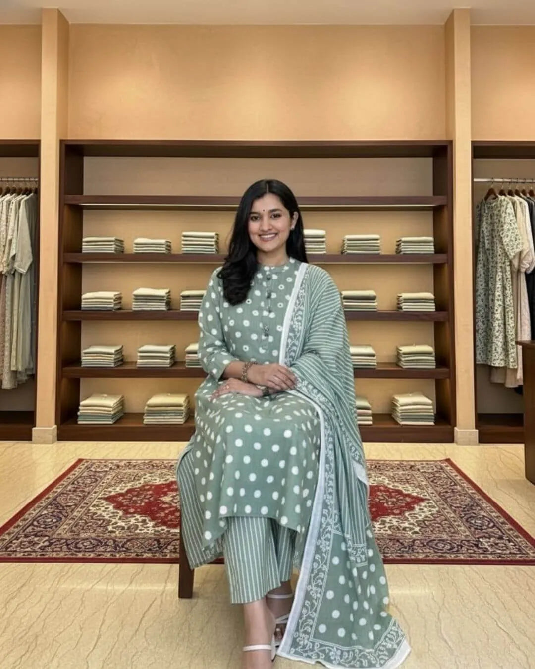 Woman in a green cotton salwar suit set outfit standing in a clothing store.