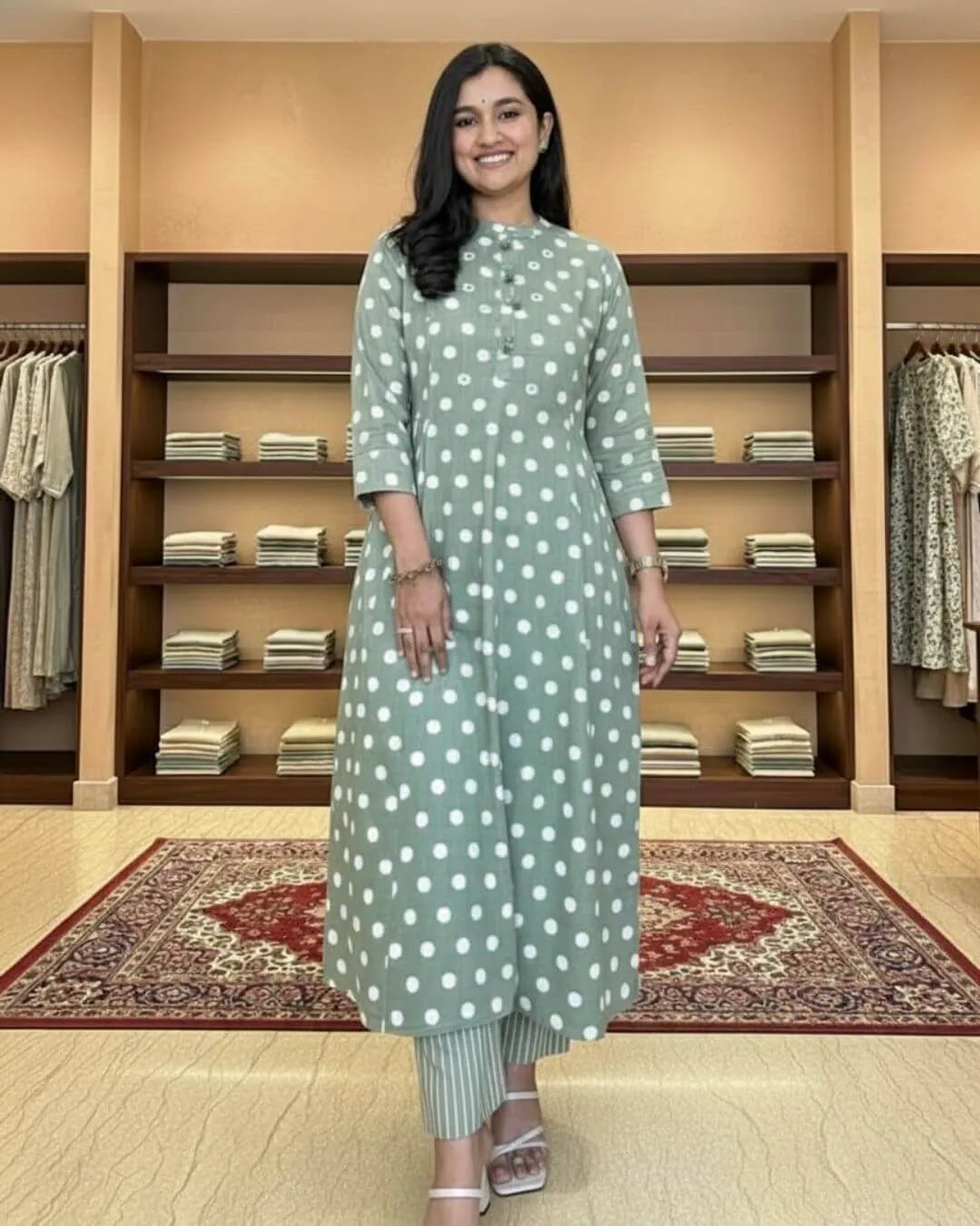 Woman in a green cotton salwar suit set outfit standing in a clothing store.