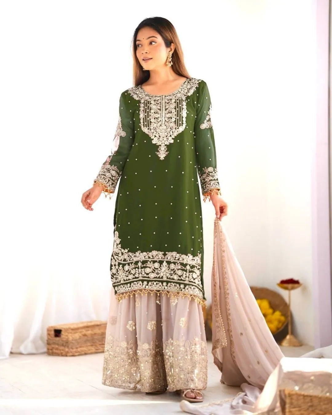 Dark Green Sharara Suit Set With Dupatta