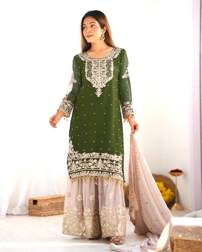 Dark Green Sharara Suit Set With Dupatta