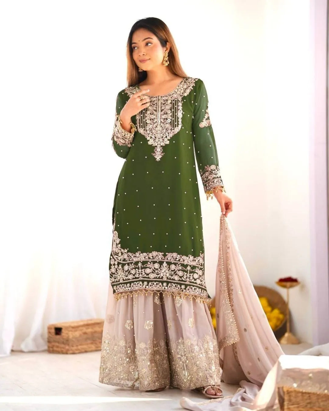 Dark Green Sharara Suit Set With Dupatta