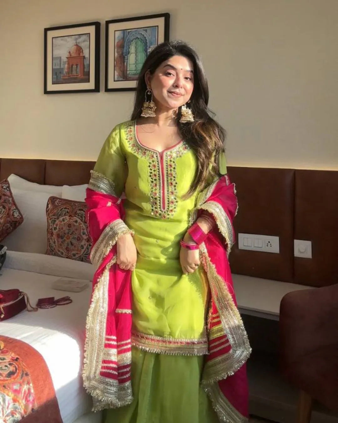 Party Wear Parrot Green Sharara Suit​ Set