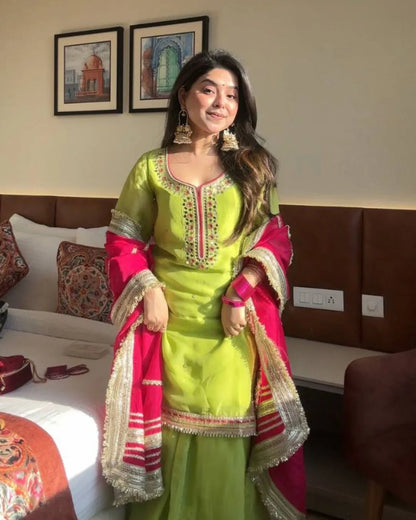 Party Wear Parrot Green Sharara Suit​ Set