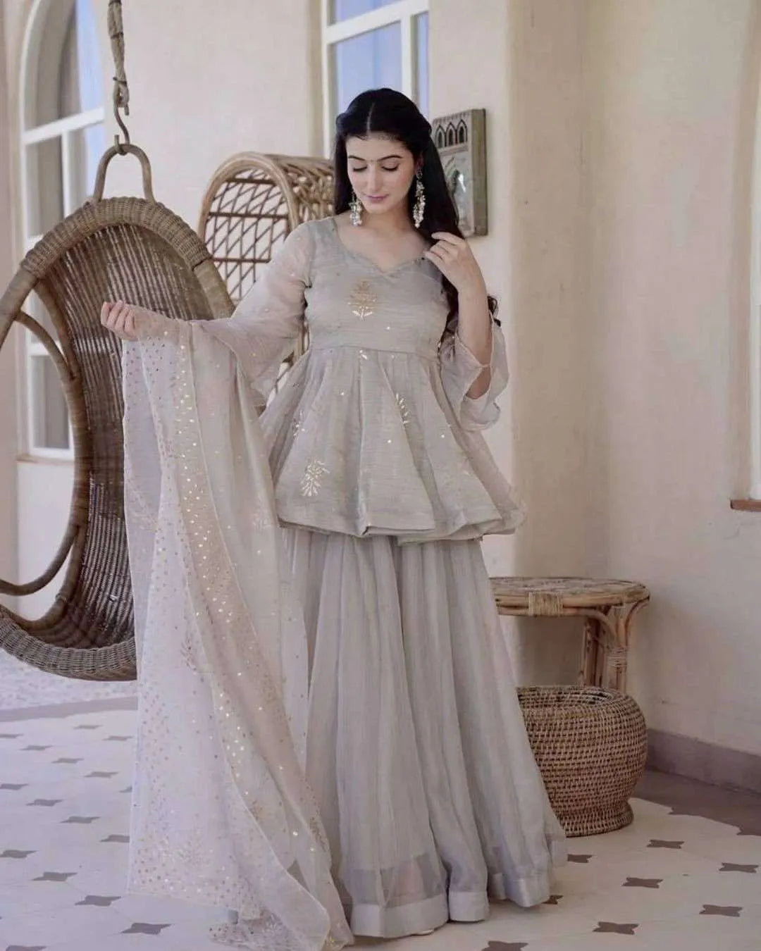 Grey Tabby Silk Peplum Palazzo Set