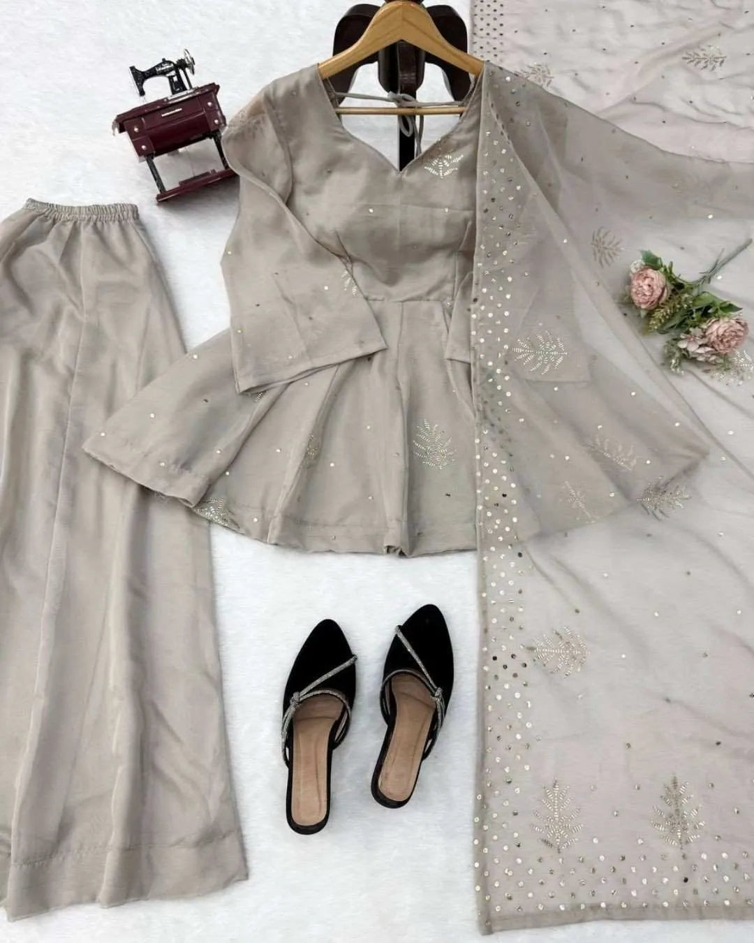 Grey Tabby Silk Peplum Palazzo Set