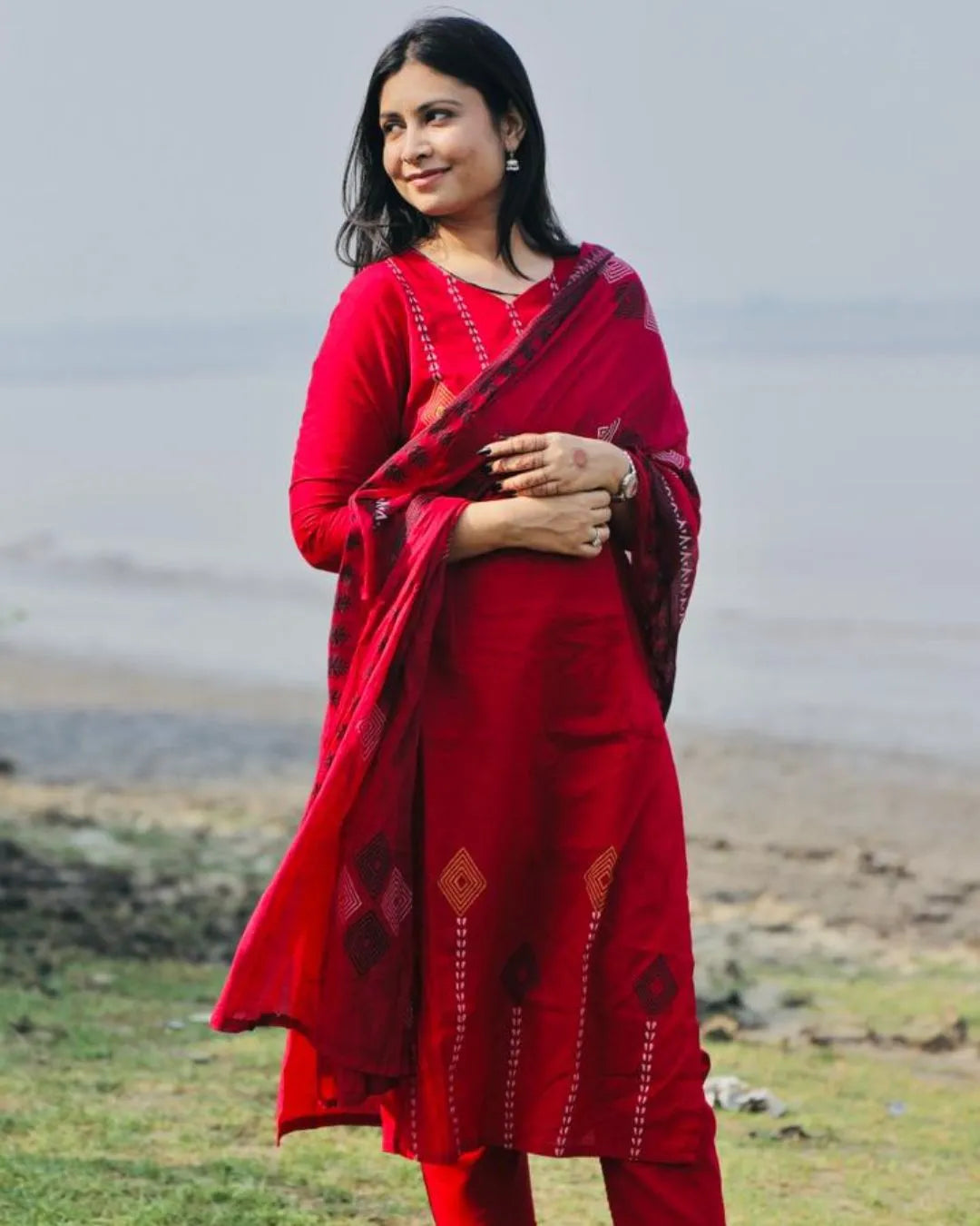 Hand Work Red Cotton Salwar Suit Set