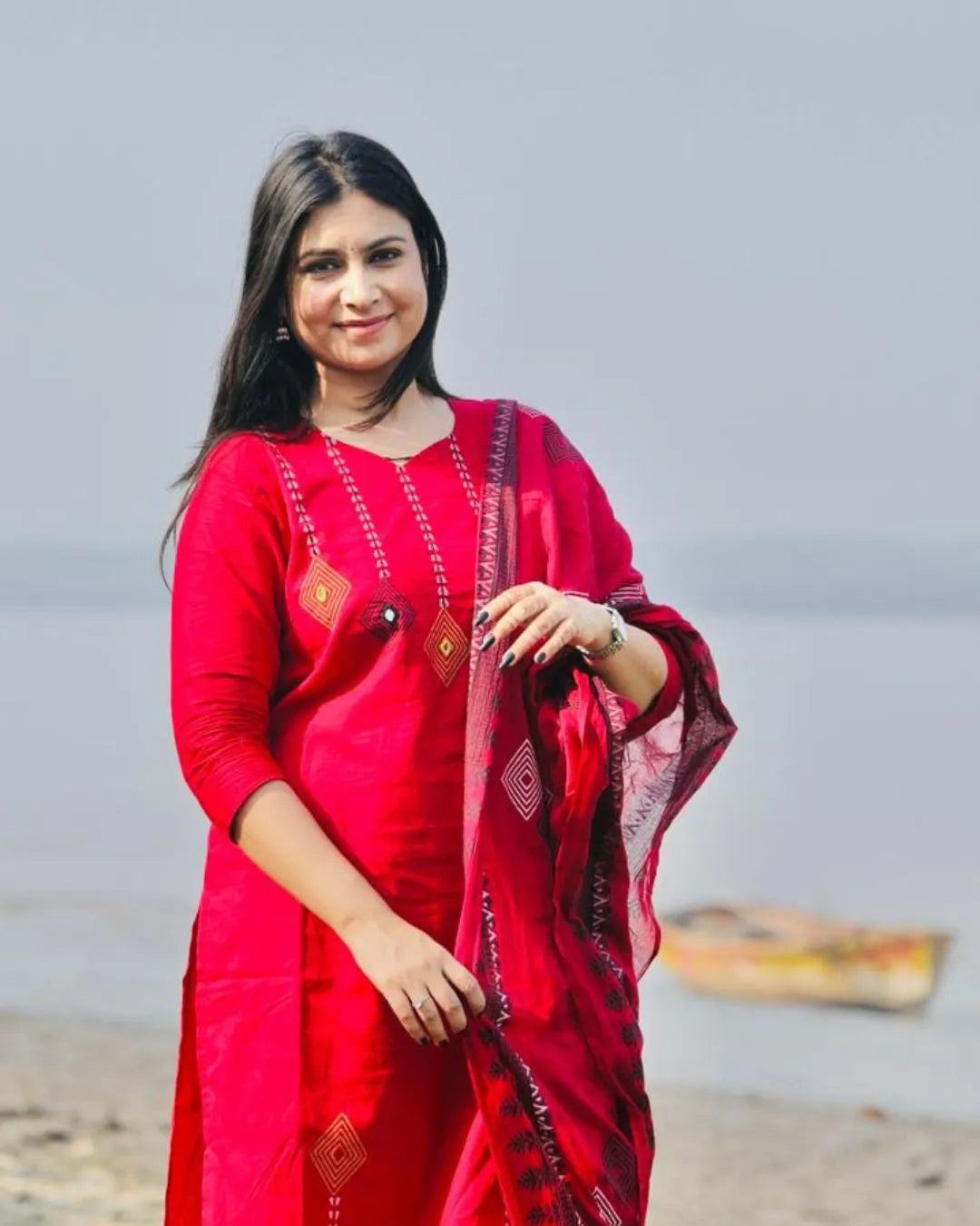 Hand Work Red Cotton Salwar Suit Set